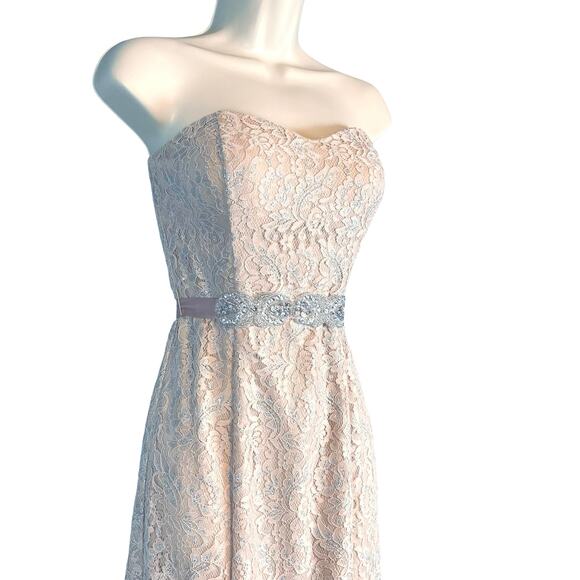 Betsy & Adam Shimmering Lace Gown Strapless Maxi Dress Light Peach Belted Size 4 - Picture 4 of 8